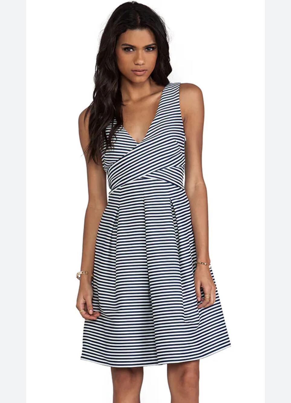 Revolve Halston Heritage Bell Skirt Dress Navy Chalk Stripe Women's Size 2